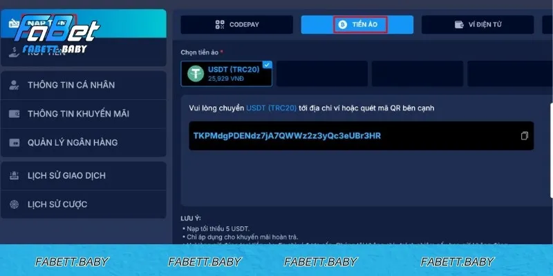 Chọn nạp tiền trên app